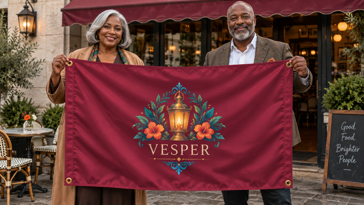 Illustrative campaign: VESPER restaurant owners with a richly customized Maroon flag, 5 feet wide by 3 feet tall, four metal corner grommets and reinforced side bands.