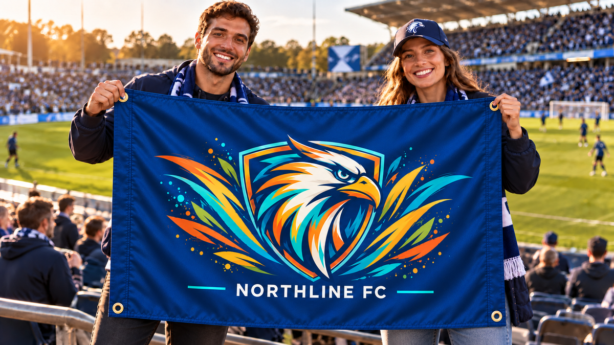 Navy customized 5 ft x 3 ft flag at a sports event, with colorful original artwork, people, four corner grommets and matching stitched side bands