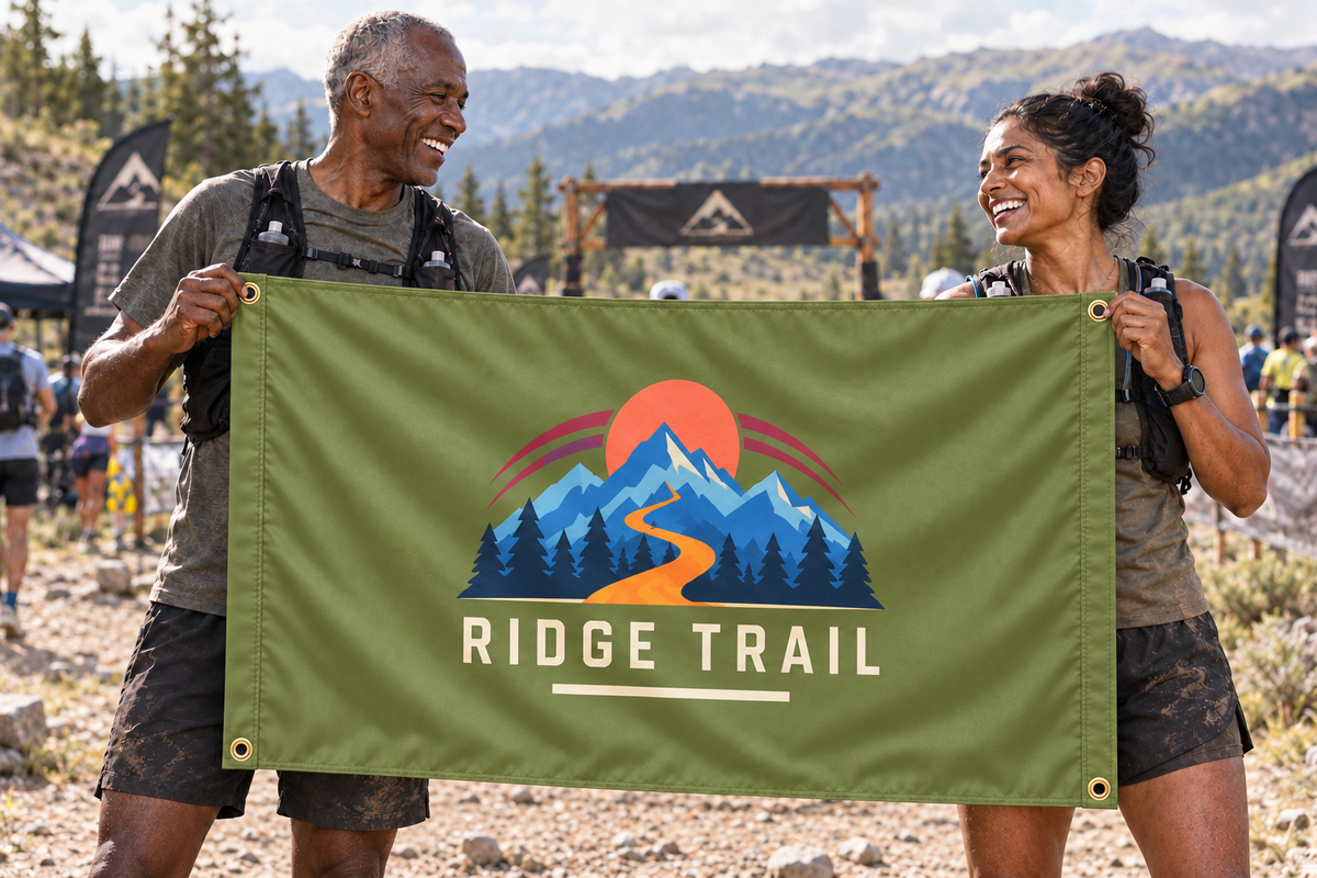 Illustrative campaign: adult athletes at a sporting event holding a customized olive green flag, 5 feet wide by 3 feet tall with vivid multicolor artwork and four corner grommets