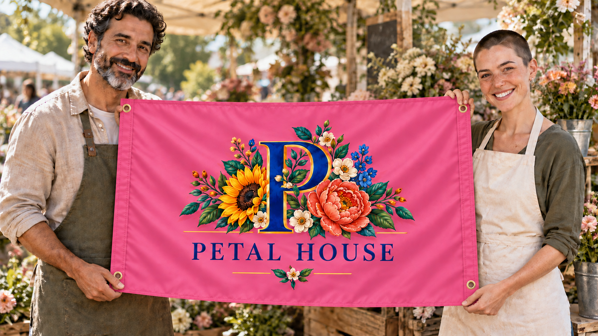 Pink customized 5 ft x 3 ft flag at a business event, with colorful original artwork, people, four corner grommets and matching stitched side bands