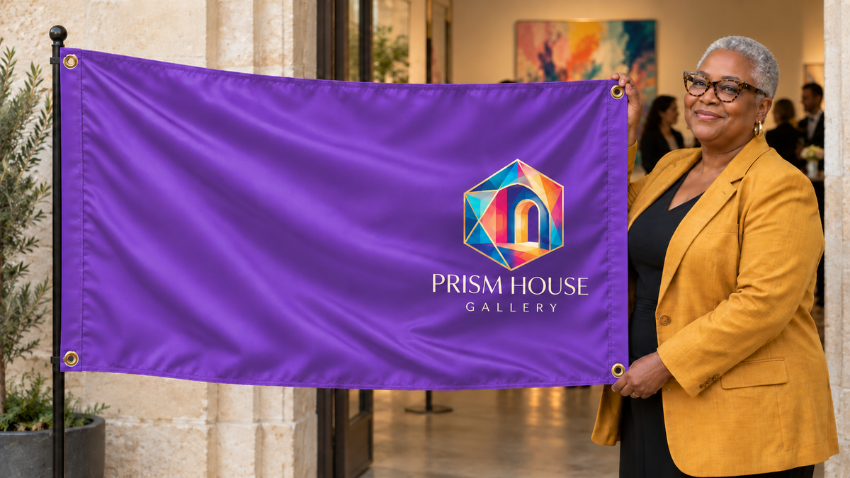 Illustrative campaign: gallery owner displaying a customized multicolor purple 3 by 5 Prism House Gallery flag at an art opening