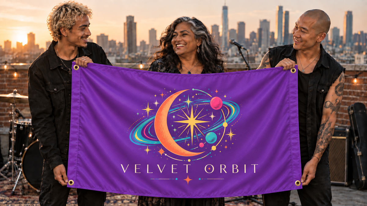 Illustrative campaign: three adult band members holding a customized multicolor purple 3 by 5 Velvet Orbit flag at a rooftop performance venue