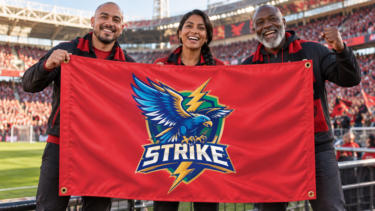 Illustrative campaign: STRIKE stadium supporters with a richly customized Red flag, 5 feet wide by 3 feet tall, four metal corner grommets and reinforced side bands.