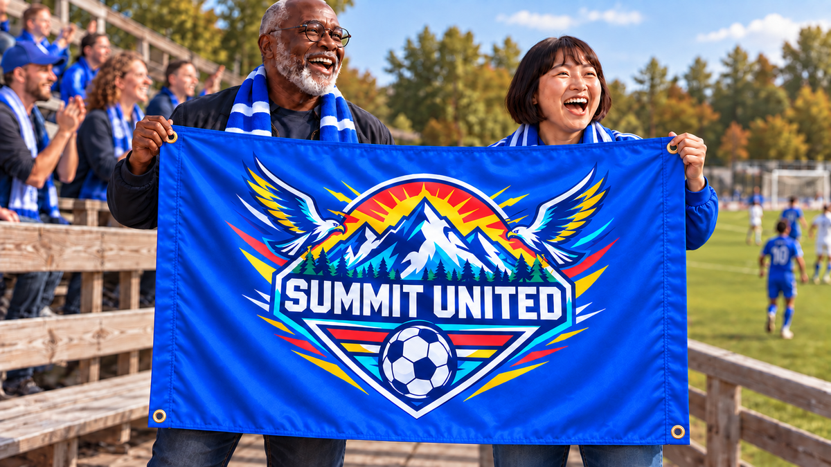 Royal Blue customized 5 ft x 3 ft flag at a sports event, with colorful original artwork, people, four corner grommets and matching stitched side bands