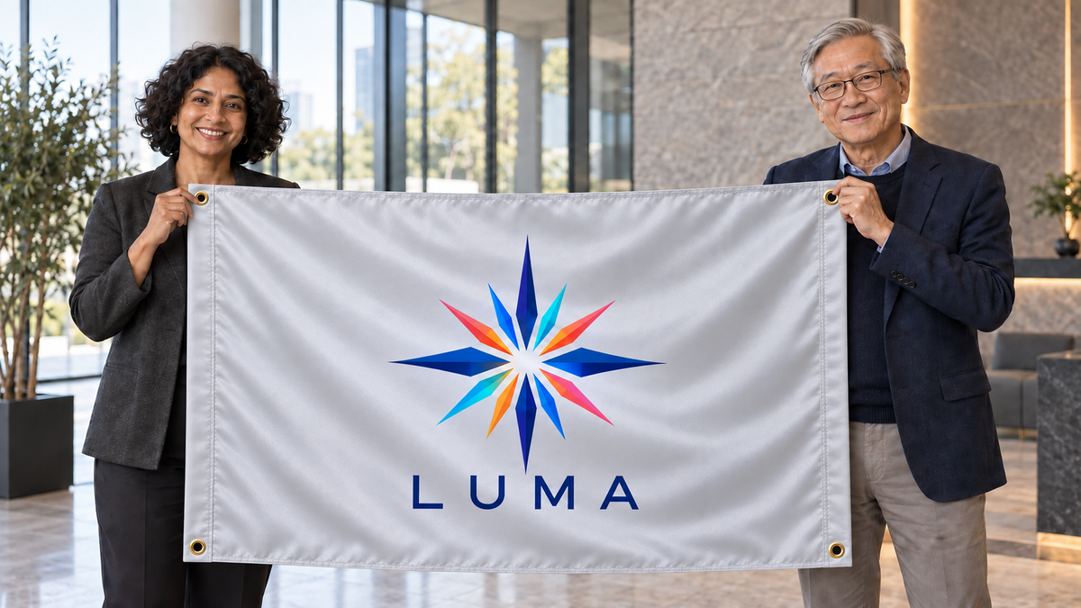 Illustrative campaign: LUMA design professionals with a richly customized Silver flag, 5 feet wide by 3 feet tall, four metal corner grommets and reinforced side bands.