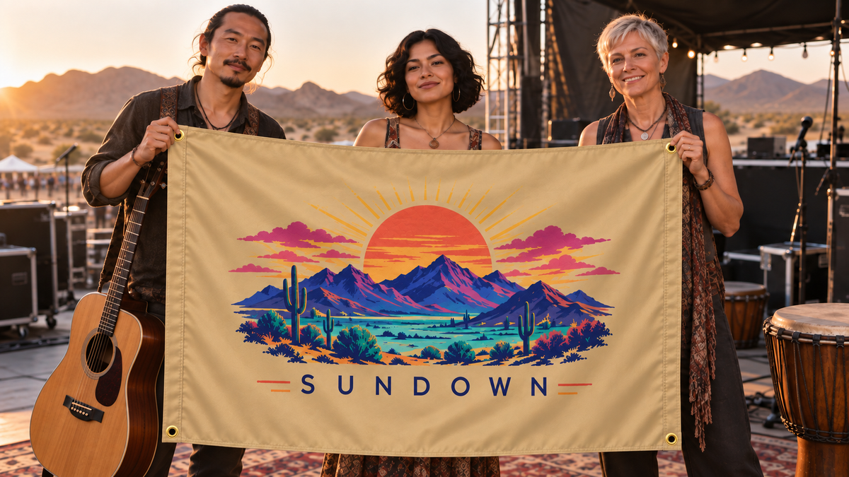 Illustrative campaign: SUNDOWN desert musicians with a richly customized Tan flag, 5 feet wide by 3 feet tall, four metal corner grommets and reinforced side bands.