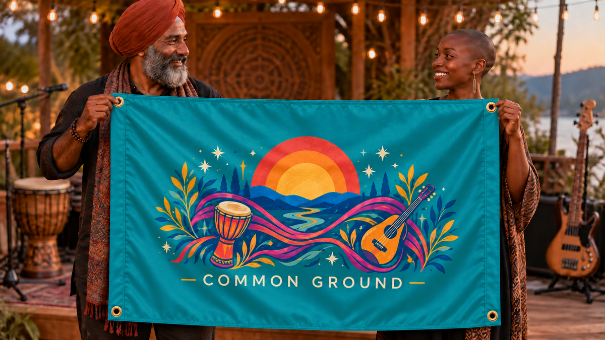 Illustrative campaign: two adult musicians holding a customized multicolor teal 3 by 5 Common Ground flag at an outdoor music venue