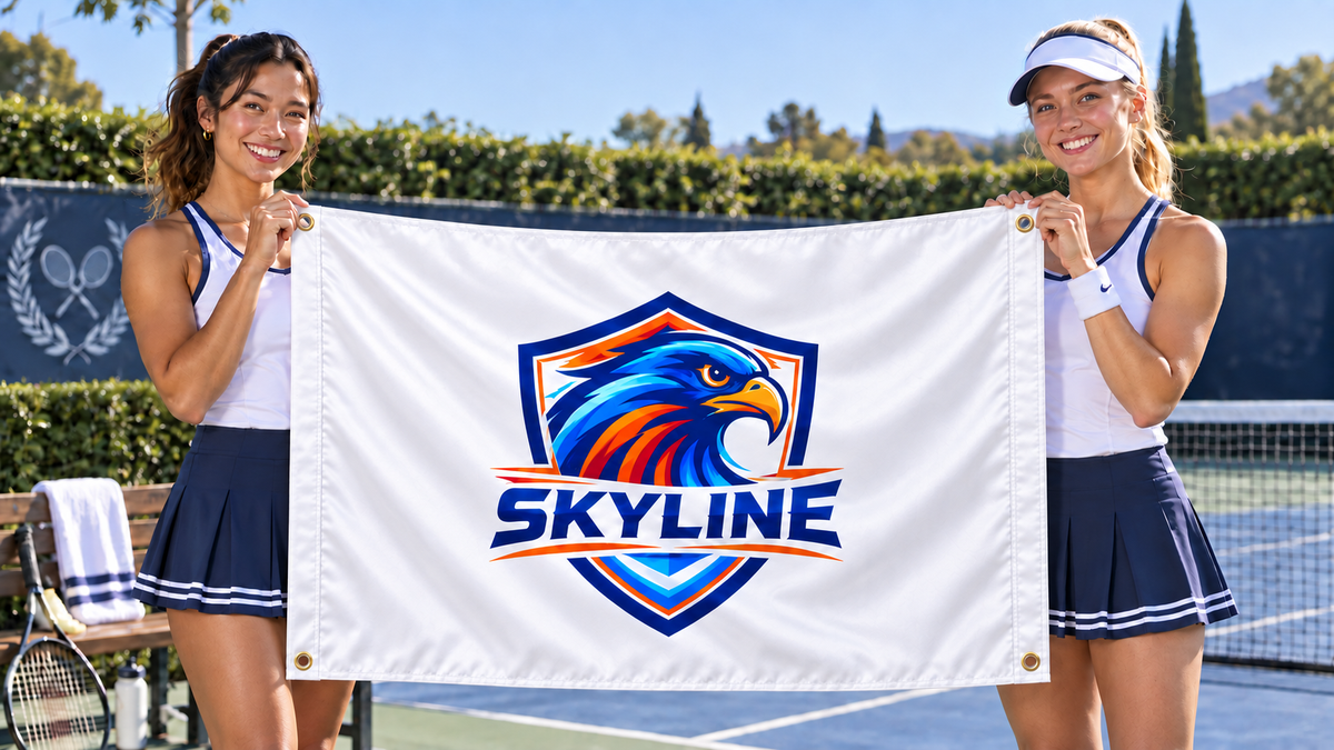 Illustrative campaign: SKYLINE tennis players with a richly customized White flag, 5 feet wide by 3 feet tall, four metal corner grommets and reinforced side bands.
