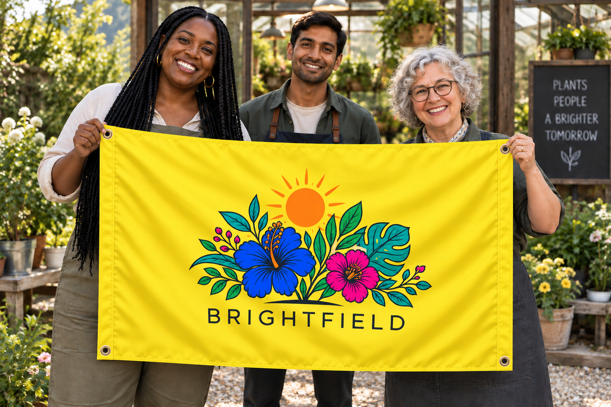 Illustrative campaign: adult business owners outside their workplace holding a customized yellow flag, 5 feet wide by 3 feet tall with vivid multicolor artwork and four corner grommets