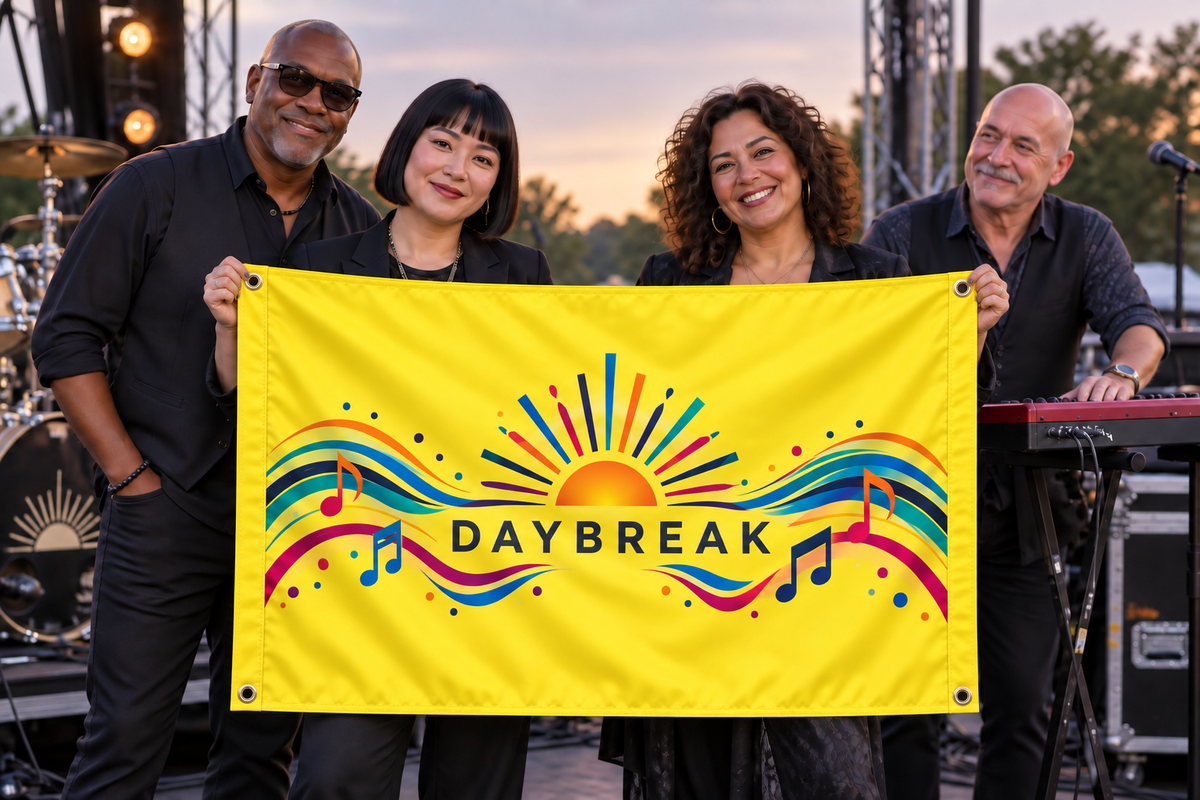 Illustrative campaign: adult musicians at a live music venue holding a customized yellow flag, 5 feet wide by 3 feet tall with vivid multicolor artwork and four corner grommets