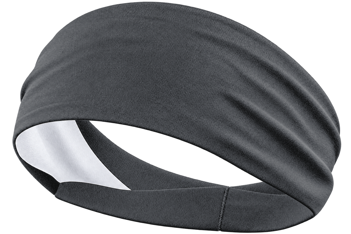 Charcoal Gray custom sports headband, transparent background, identical front product view