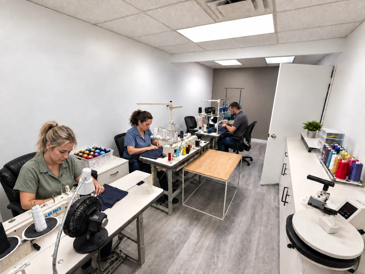 A blonde New Wave Print employee sewing custom apparel in the Phoenix, Arizona workshop.
