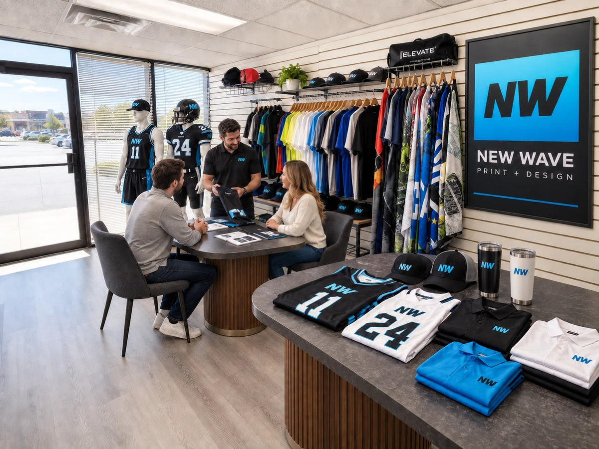 Staff and customers reviewing custom apparel at the New Wave Print showroom table.