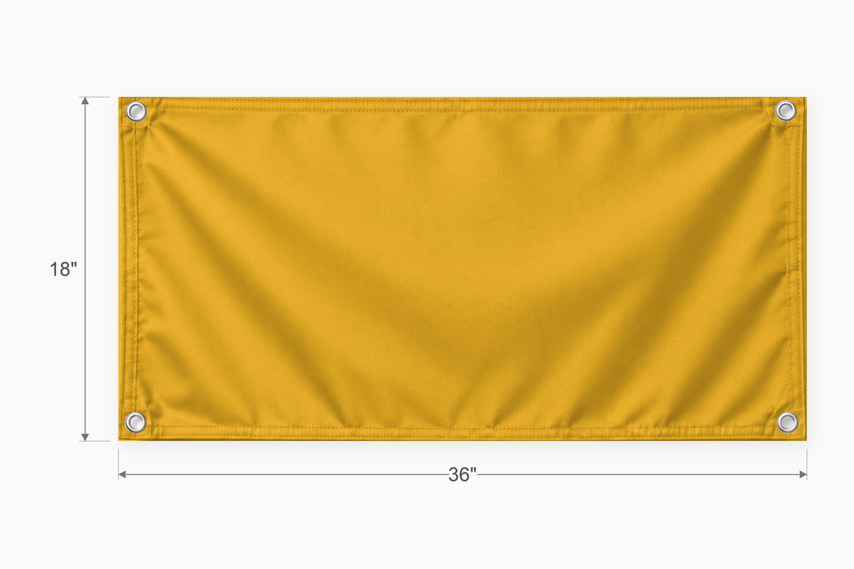 Athletic Gold fabric banner, 18 inches high by 36 inches wide, with labeled height and width measurement arrows.