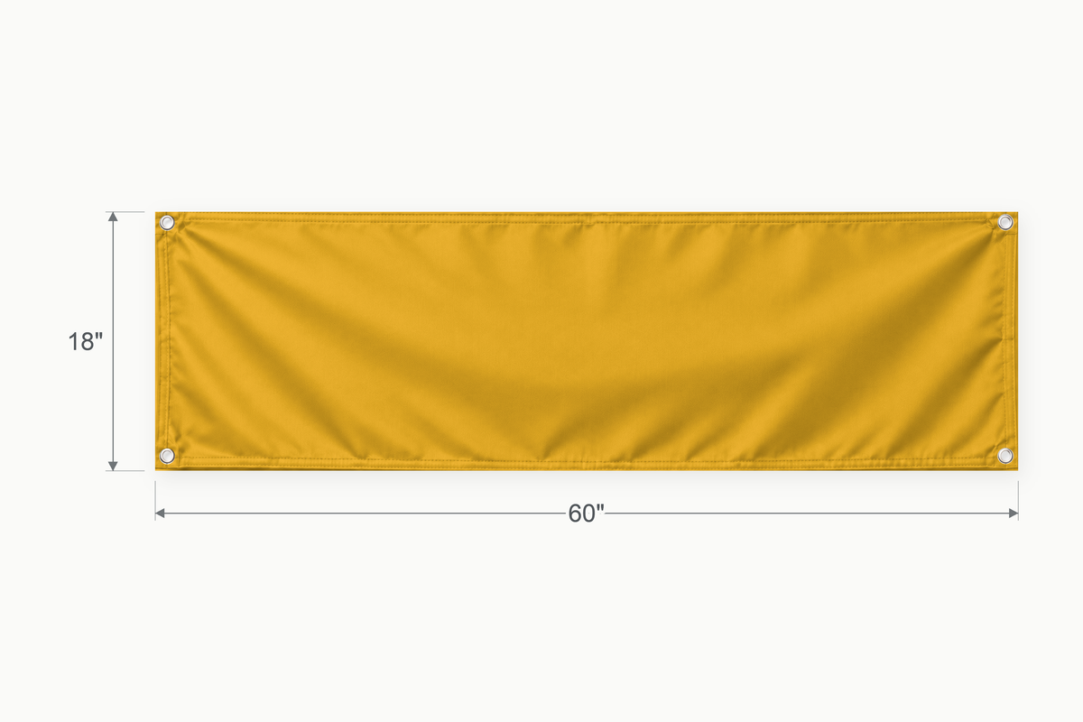 Athletic Gold fabric banner, 18 inches high by 60 inches wide, with labeled height and width measurement arrows.