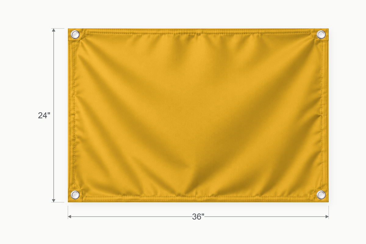 Athletic Gold fabric banner, 24 inches high by 36 inches wide, with labeled height and width measurement arrows.