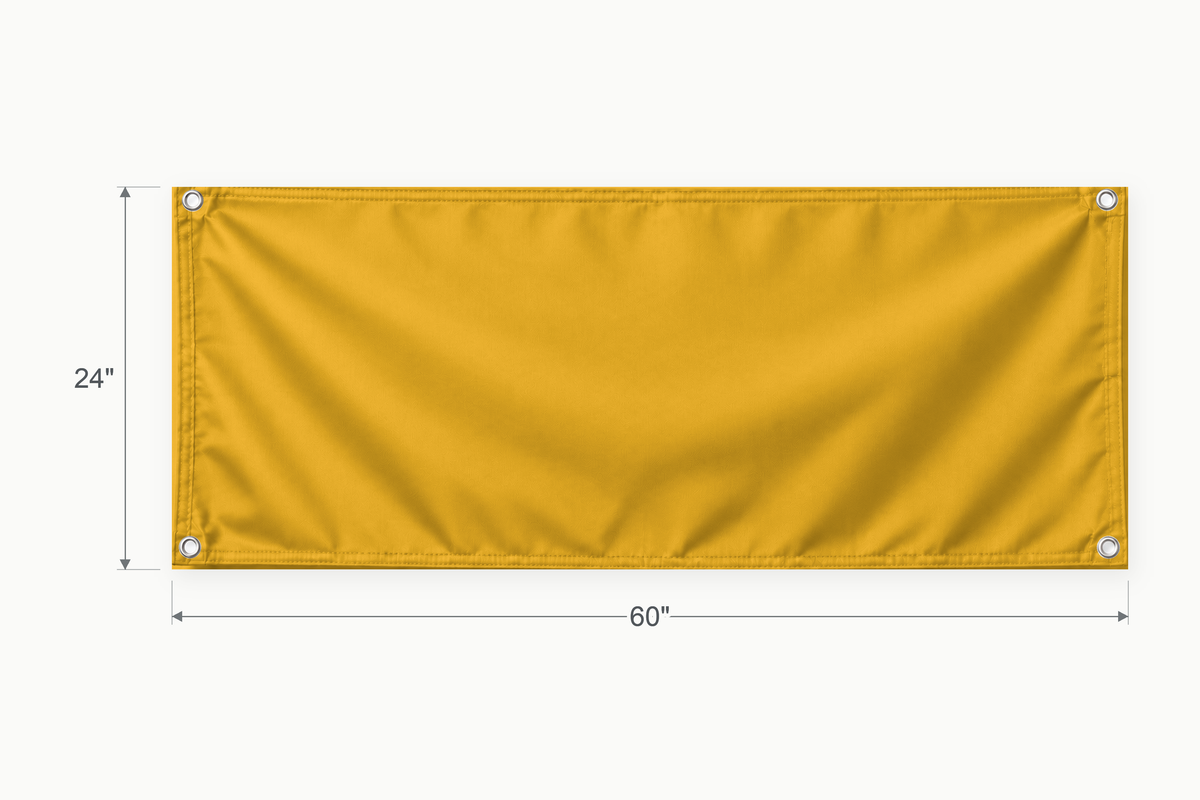 Athletic Gold fabric banner, 24 inches high by 60 inches wide, with labeled height and width measurement arrows.