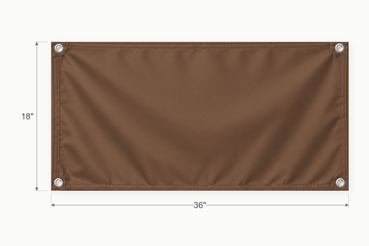 Brown fabric banner, 18 inches high by 36 inches wide, with labeled height and width measurement arrows.