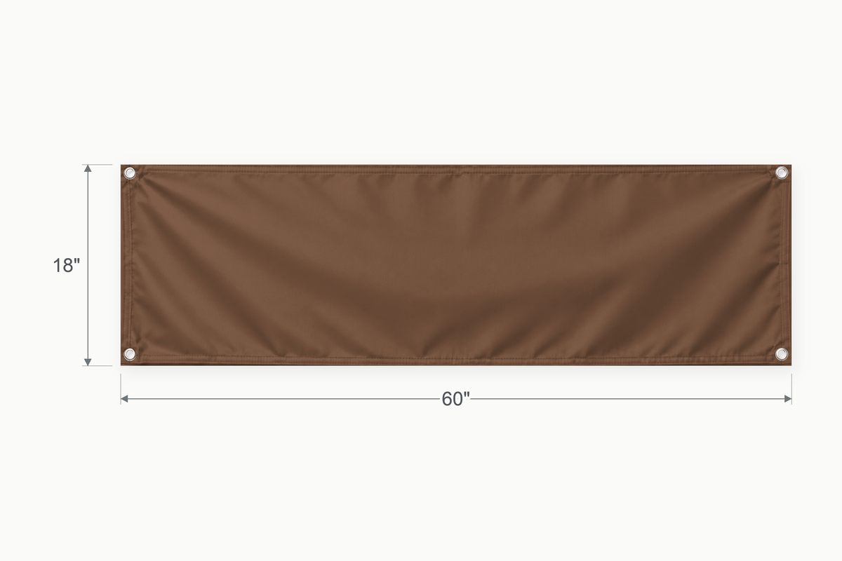 Brown fabric banner, 18 inches high by 60 inches wide, with labeled height and width measurement arrows.