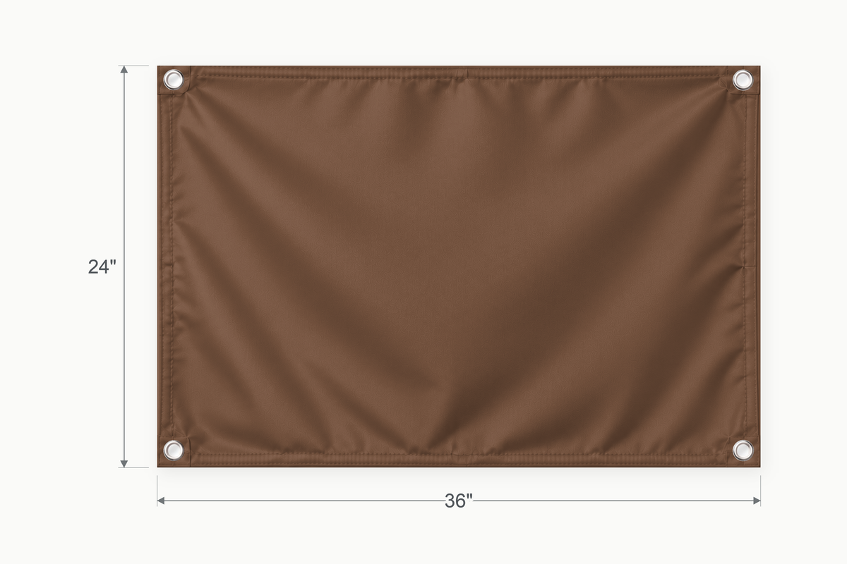 Brown fabric banner, 24 inches high by 36 inches wide, with labeled height and width measurement arrows.