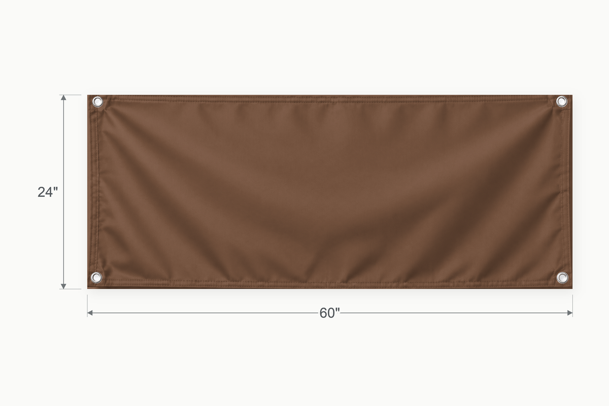 Brown fabric banner, 24 inches high by 60 inches wide, with labeled height and width measurement arrows.