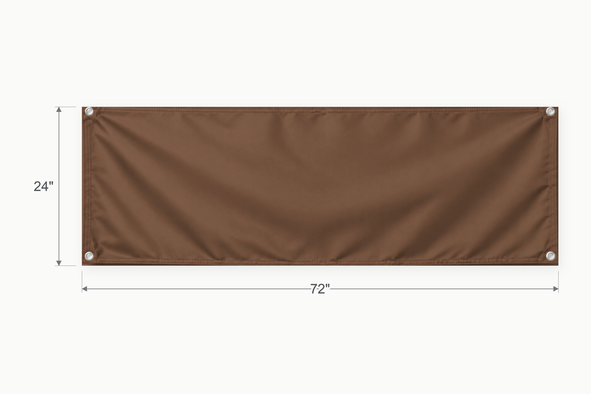 Brown fabric banner, 24 inches high by 72 inches wide, with labeled height and width measurement arrows.