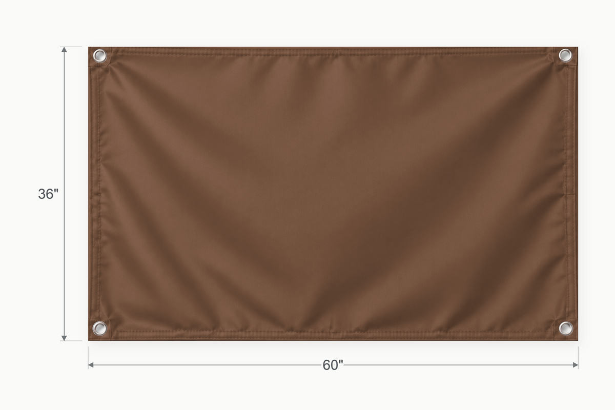 Brown fabric banner, 36 inches high by 60 inches wide, with labeled height and width measurement arrows.