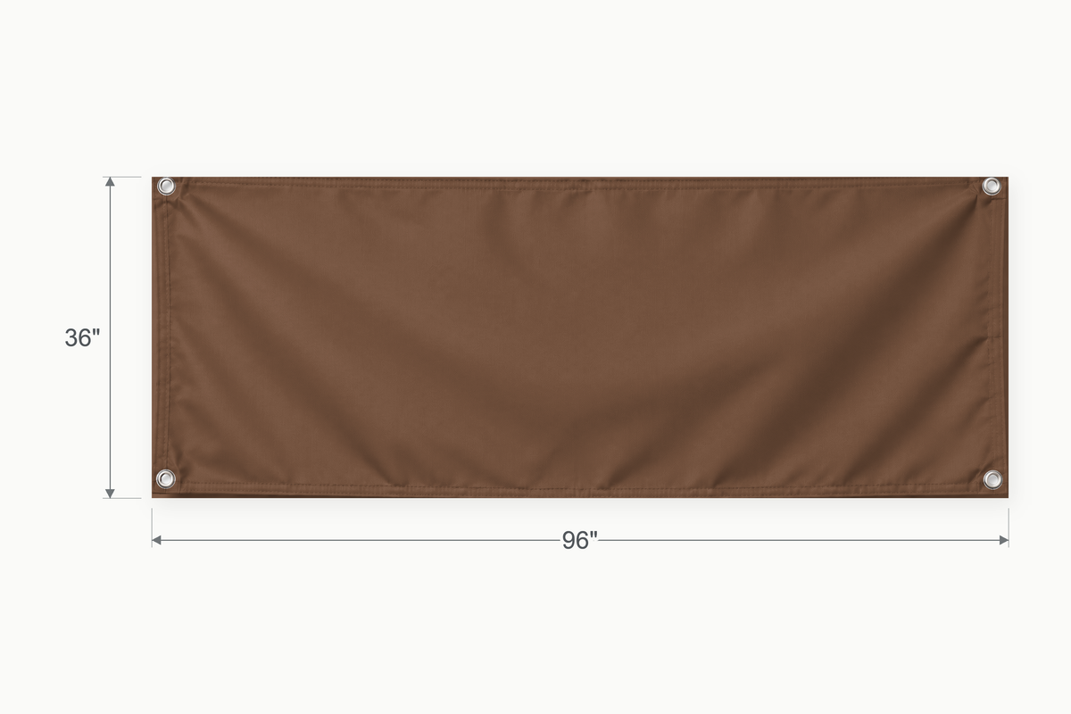 Brown fabric banner, 36 inches high by 96 inches wide, with labeled height and width measurement arrows.