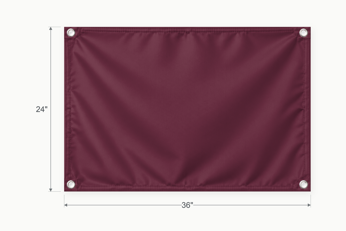Burgundy fabric banner, 24 inches high by 36 inches wide, with labeled height and width measurement arrows.