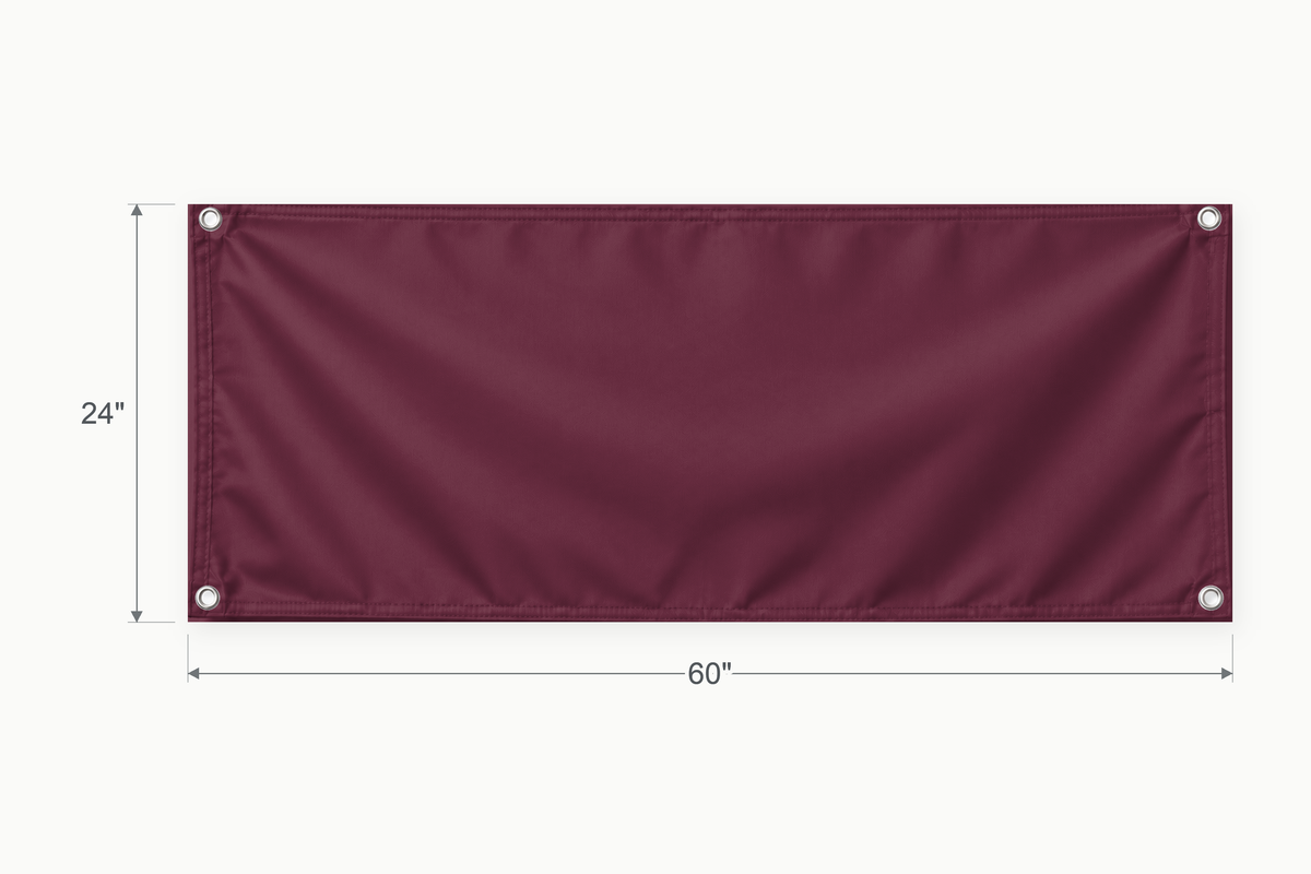 Burgundy fabric banner, 24 inches high by 60 inches wide, with labeled height and width measurement arrows.