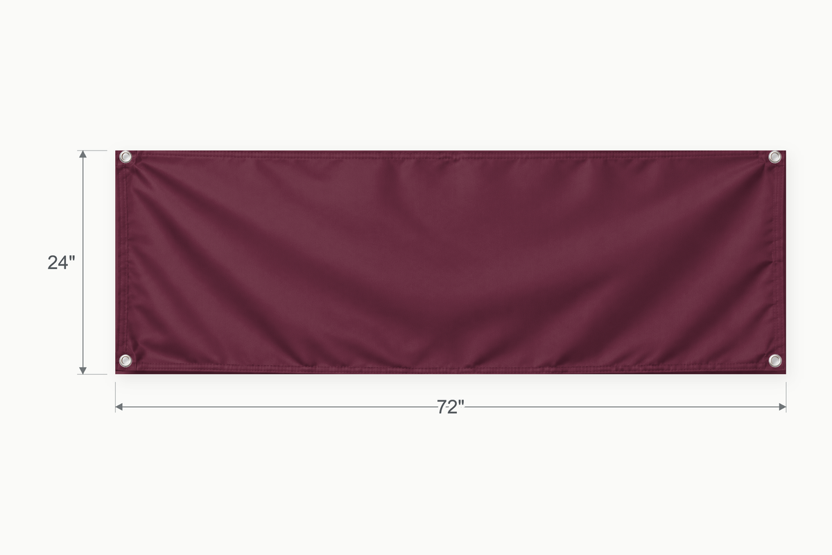 Burgundy fabric banner, 24 inches high by 72 inches wide, with labeled height and width measurement arrows.