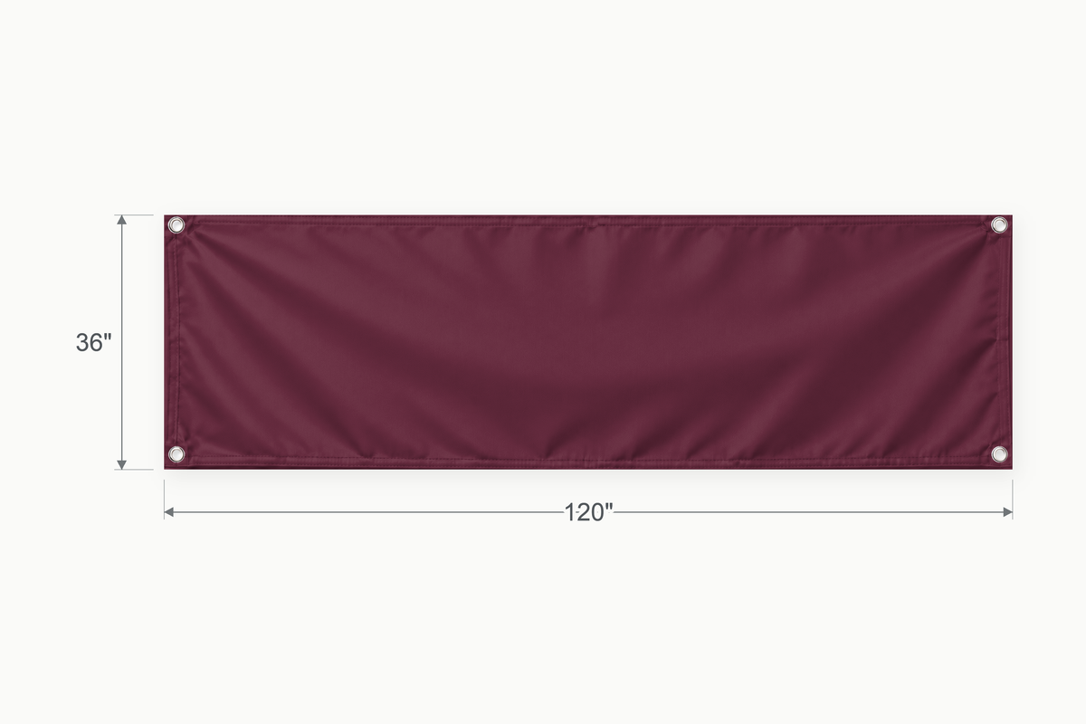 Burgundy fabric banner, 36 inches high by 120 inches wide, with labeled height and width measurement arrows.