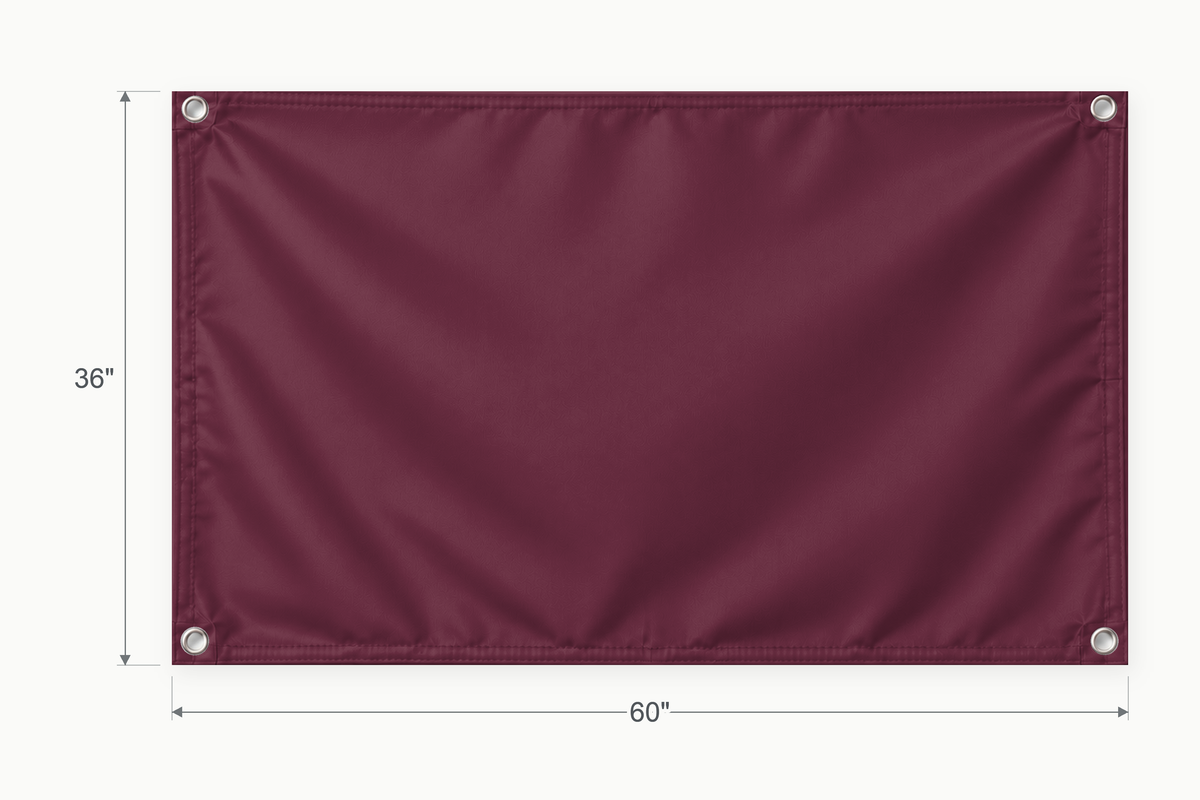 Burgundy fabric banner, 36 inches high by 60 inches wide, with labeled height and width measurement arrows.