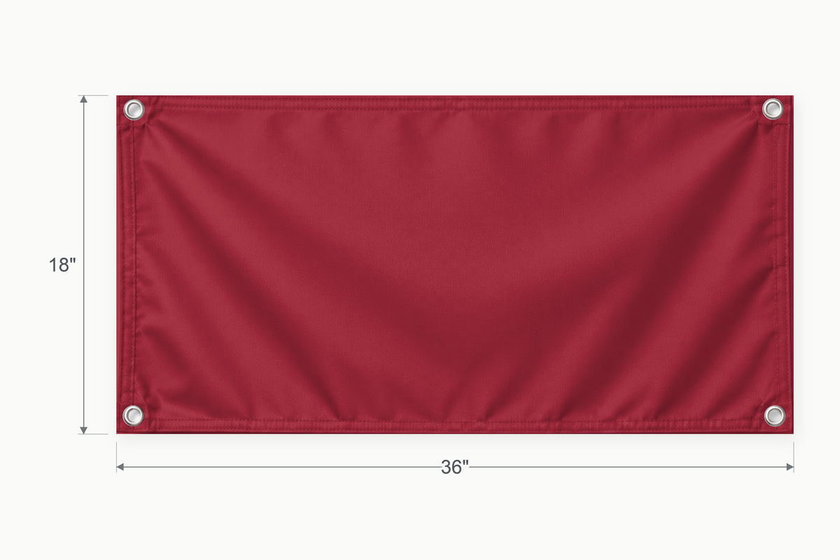 Cardinal Red fabric banner, 18 inches high by 36 inches wide, with labeled height and width measurement arrows.