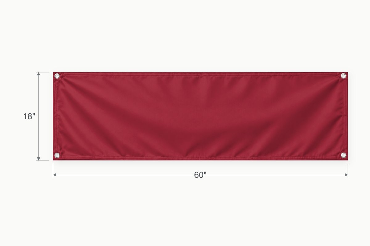 Cardinal Red fabric banner, 18 inches high by 60 inches wide, with labeled height and width measurement arrows.