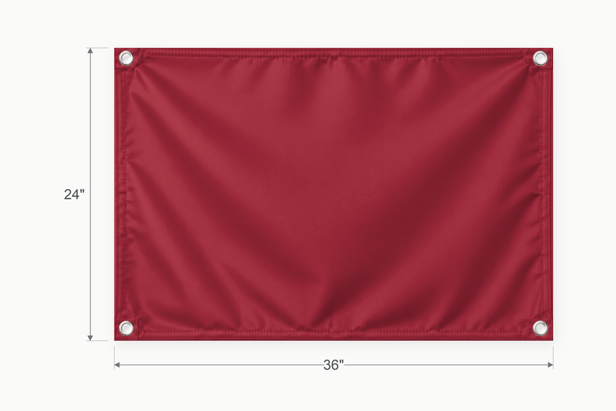 Cardinal Red fabric banner, 24 inches high by 36 inches wide, with labeled height and width measurement arrows.