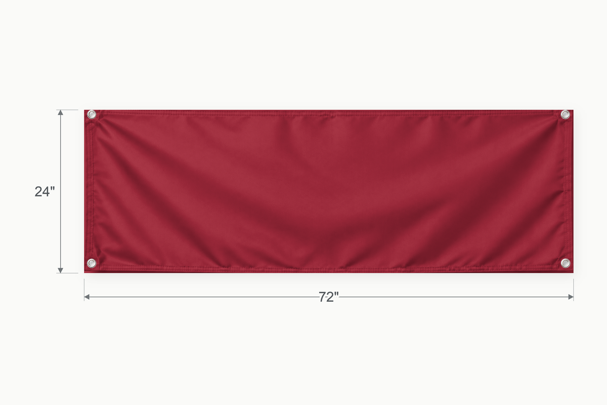 Cardinal Red fabric banner, 24 inches high by 72 inches wide, with labeled height and width measurement arrows.