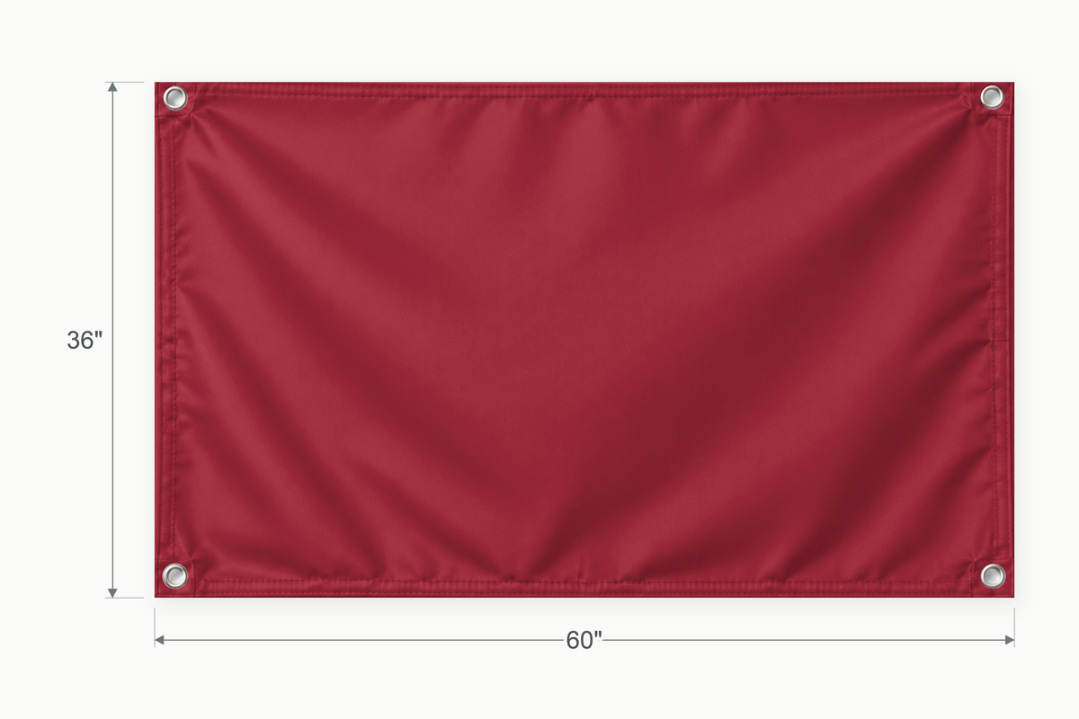 Cardinal Red fabric banner, 36 inches high by 60 inches wide, with labeled height and width measurement arrows.