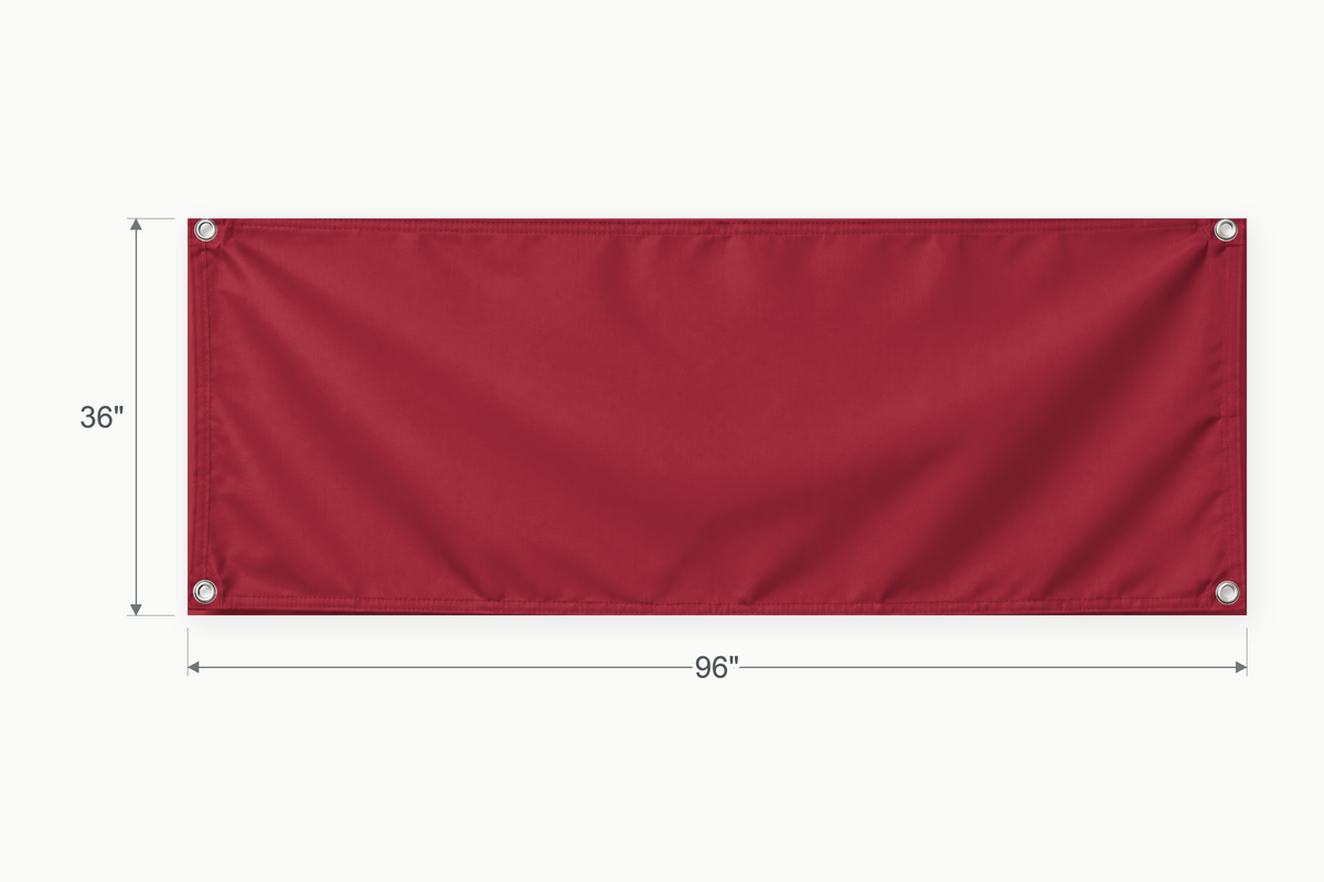 Cardinal Red fabric banner, 36 inches high by 96 inches wide, with labeled height and width measurement arrows.