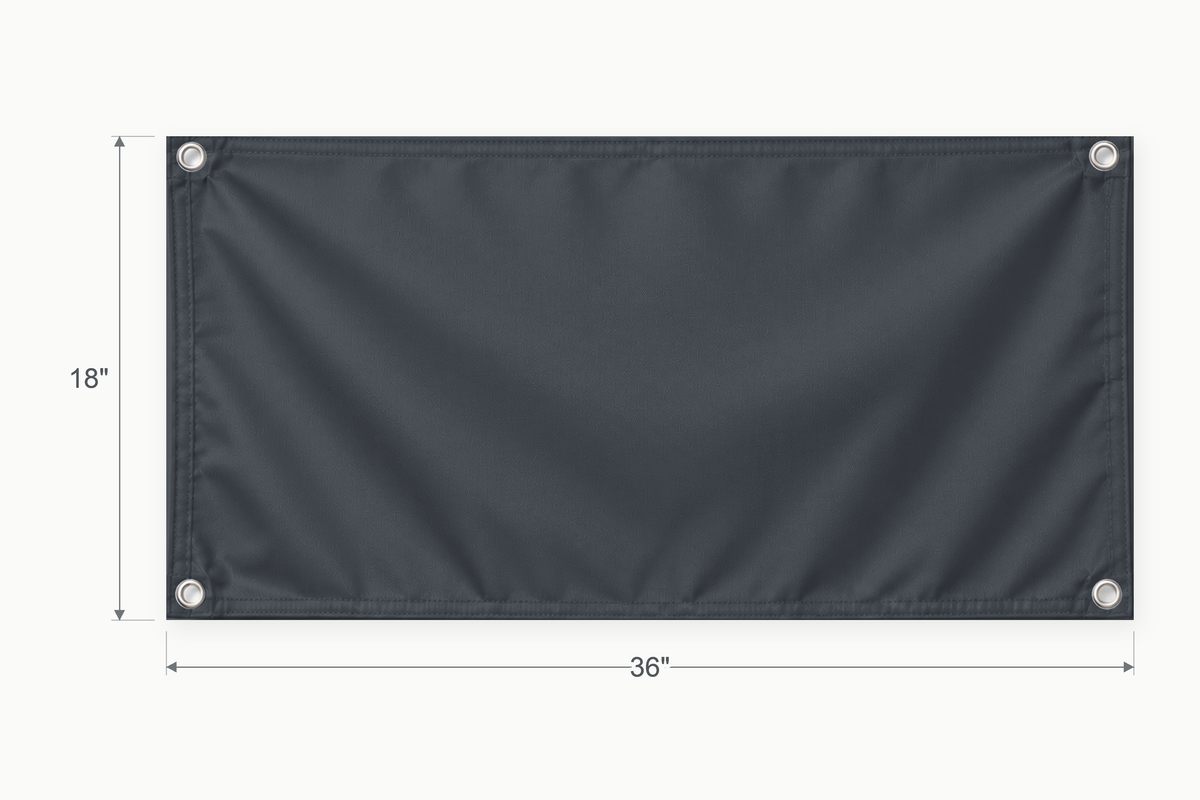 Charcoal Gray fabric banner, 18 inches high by 36 inches wide, with labeled height and width measurement arrows.