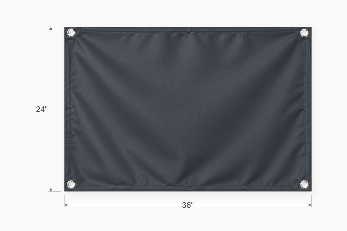 Charcoal Gray fabric banner, 24 inches high by 36 inches wide, with labeled height and width measurement arrows.