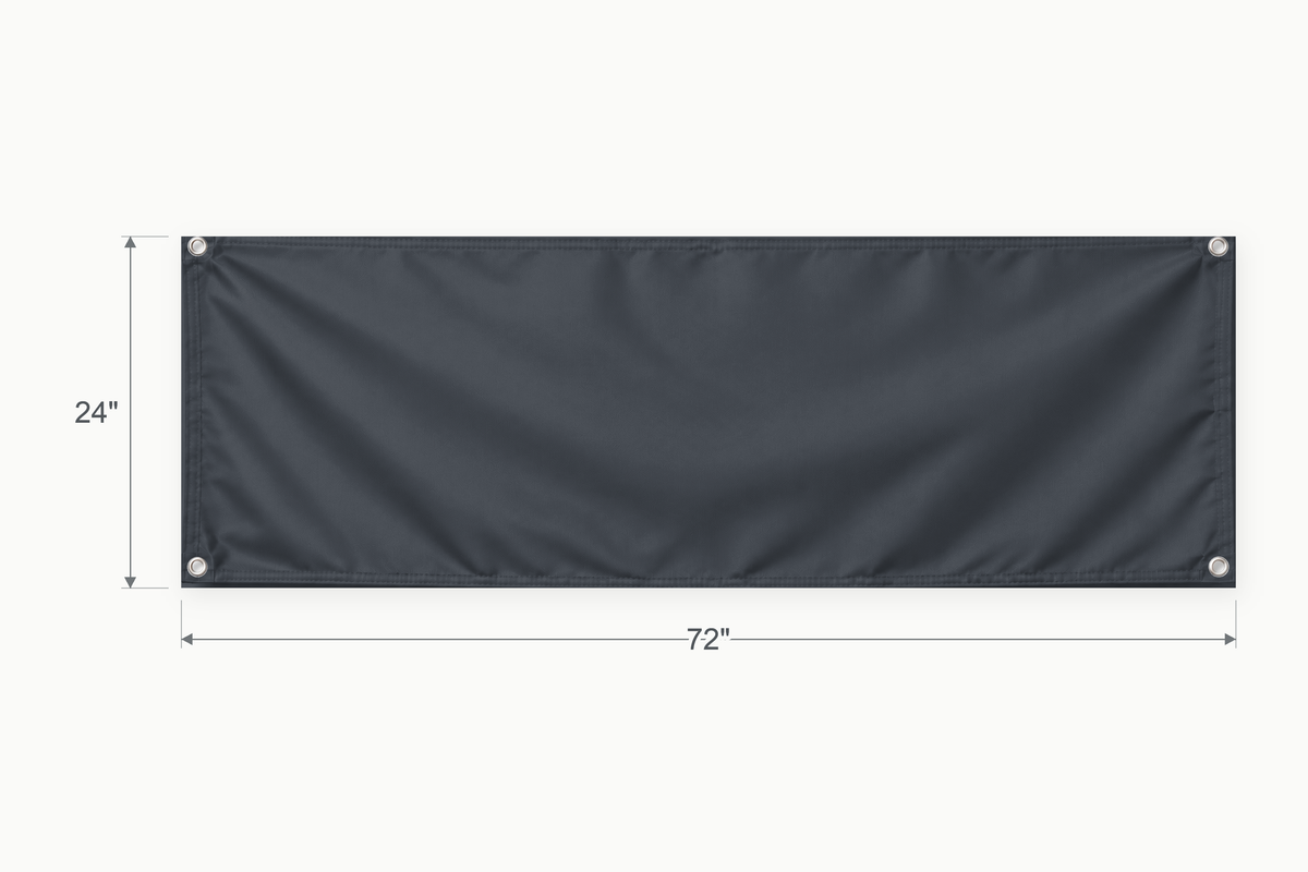 Charcoal Gray fabric banner, 24 inches high by 72 inches wide, with labeled height and width measurement arrows.