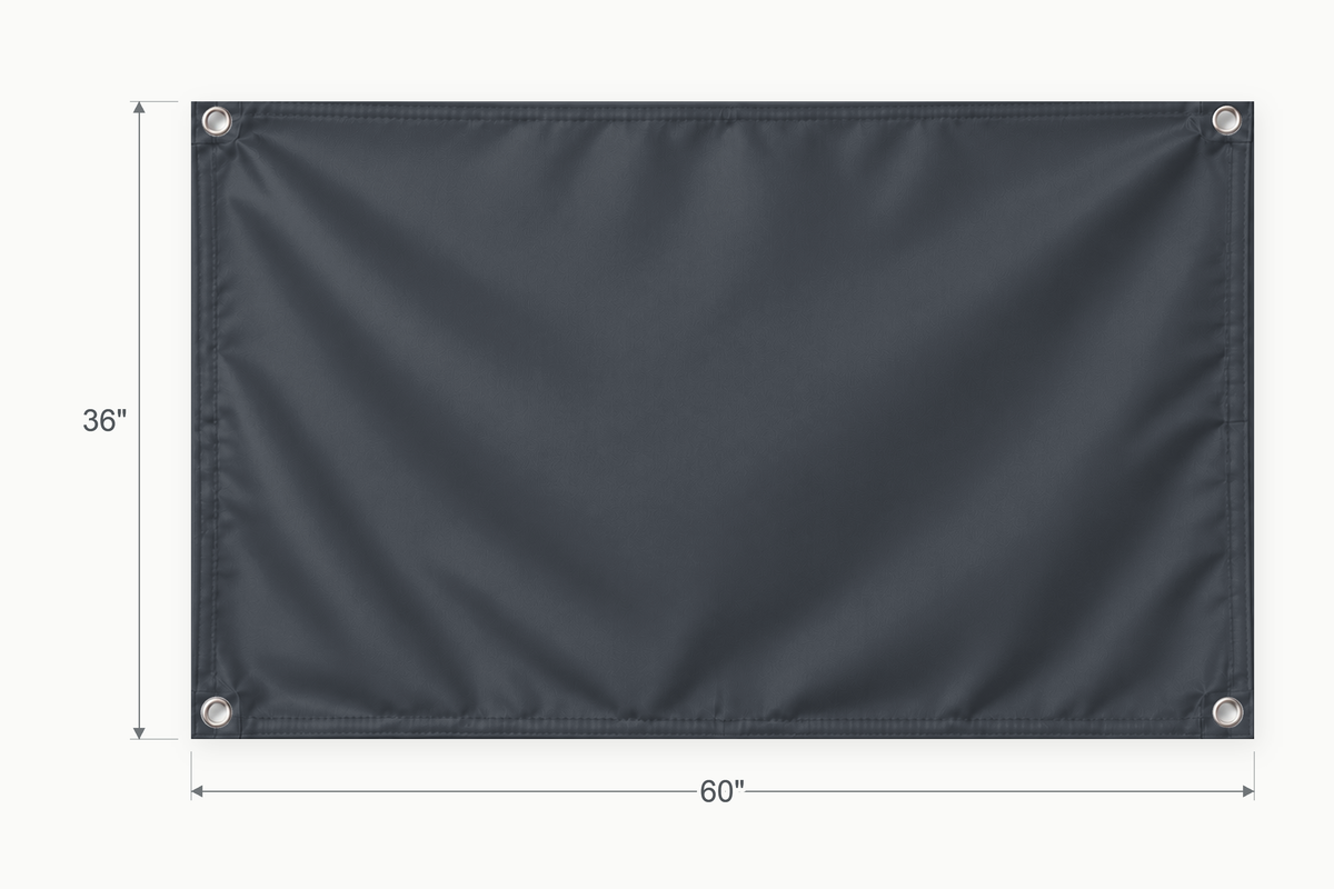 Charcoal Gray fabric banner, 36 inches high by 60 inches wide, with labeled height and width measurement arrows.