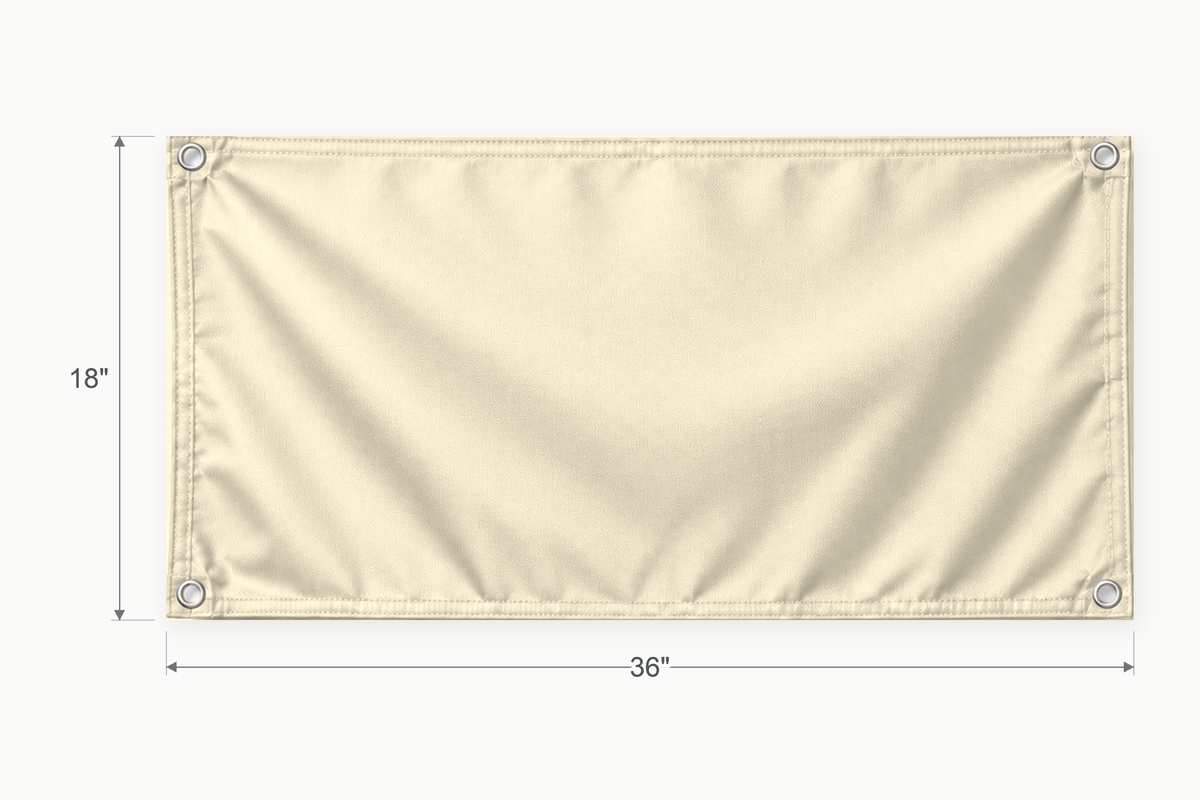 Cream fabric banner, 18 inches high by 36 inches wide, with labeled height and width measurement arrows.
