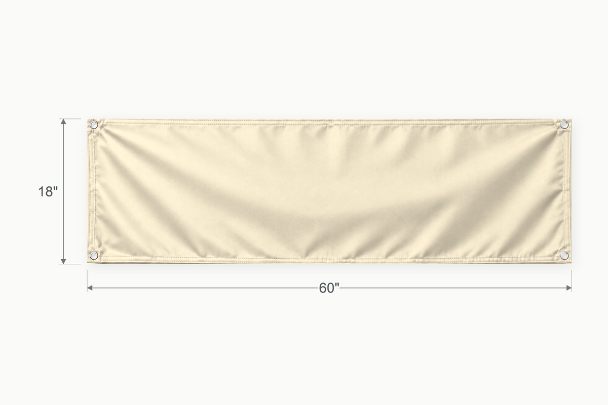 Cream fabric banner, 18 inches high by 60 inches wide, with labeled height and width measurement arrows.