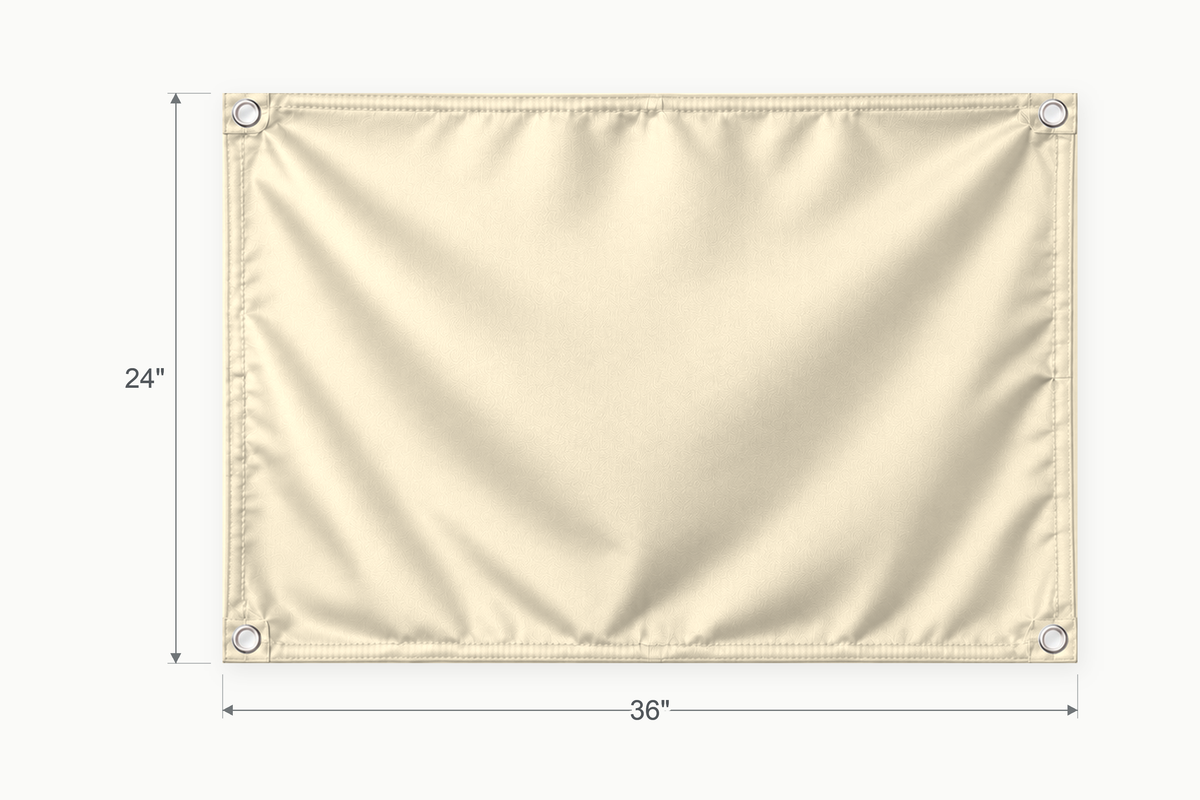 Cream fabric banner, 24 inches high by 36 inches wide, with labeled height and width measurement arrows.