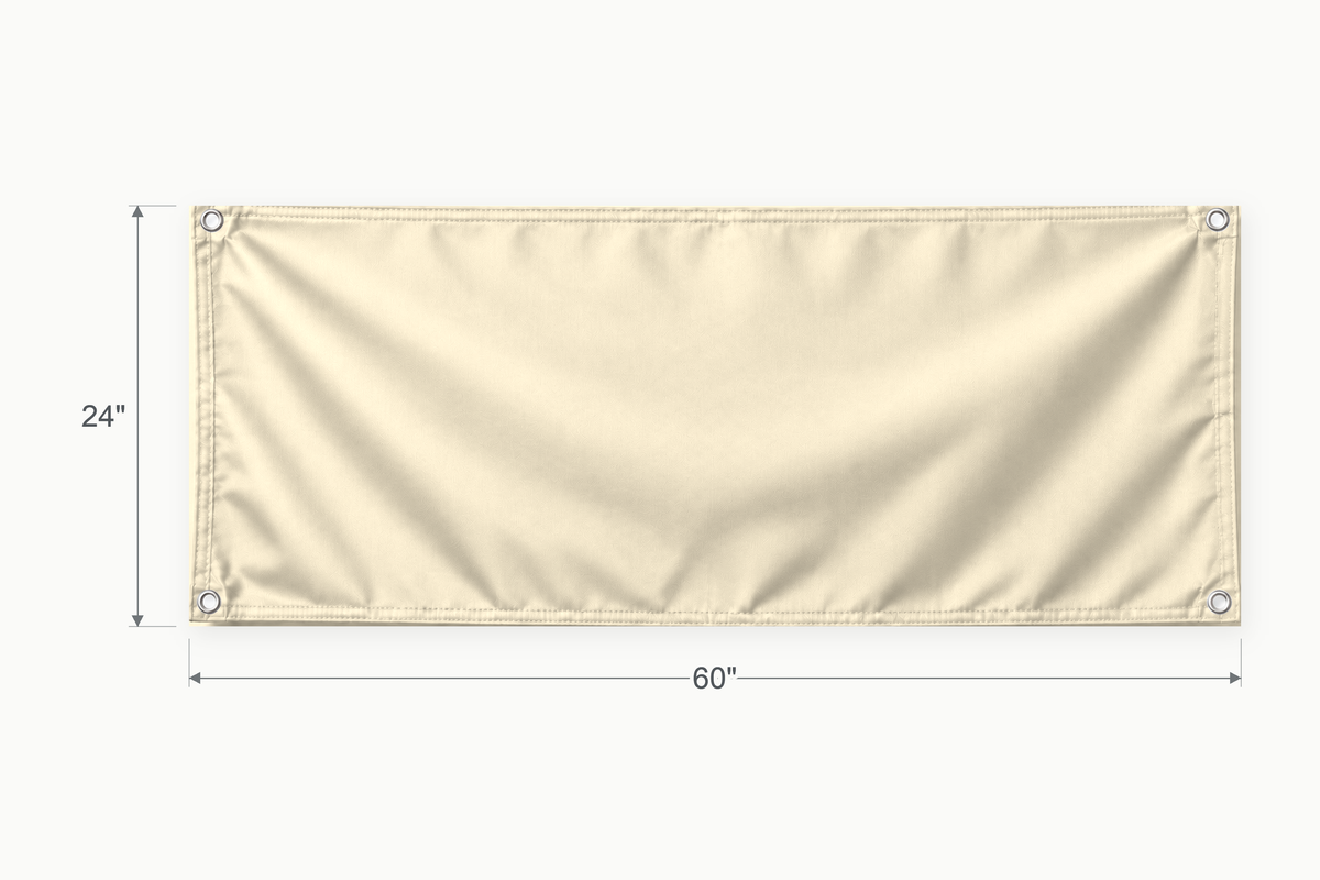Cream fabric banner, 24 inches high by 60 inches wide, with labeled height and width measurement arrows.