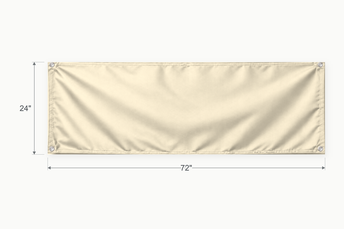 Cream fabric banner, 24 inches high by 72 inches wide, with labeled height and width measurement arrows.