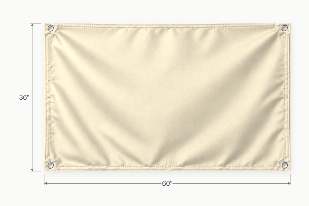 Cream fabric banner, 36 inches high by 60 inches wide, with labeled height and width measurement arrows.
