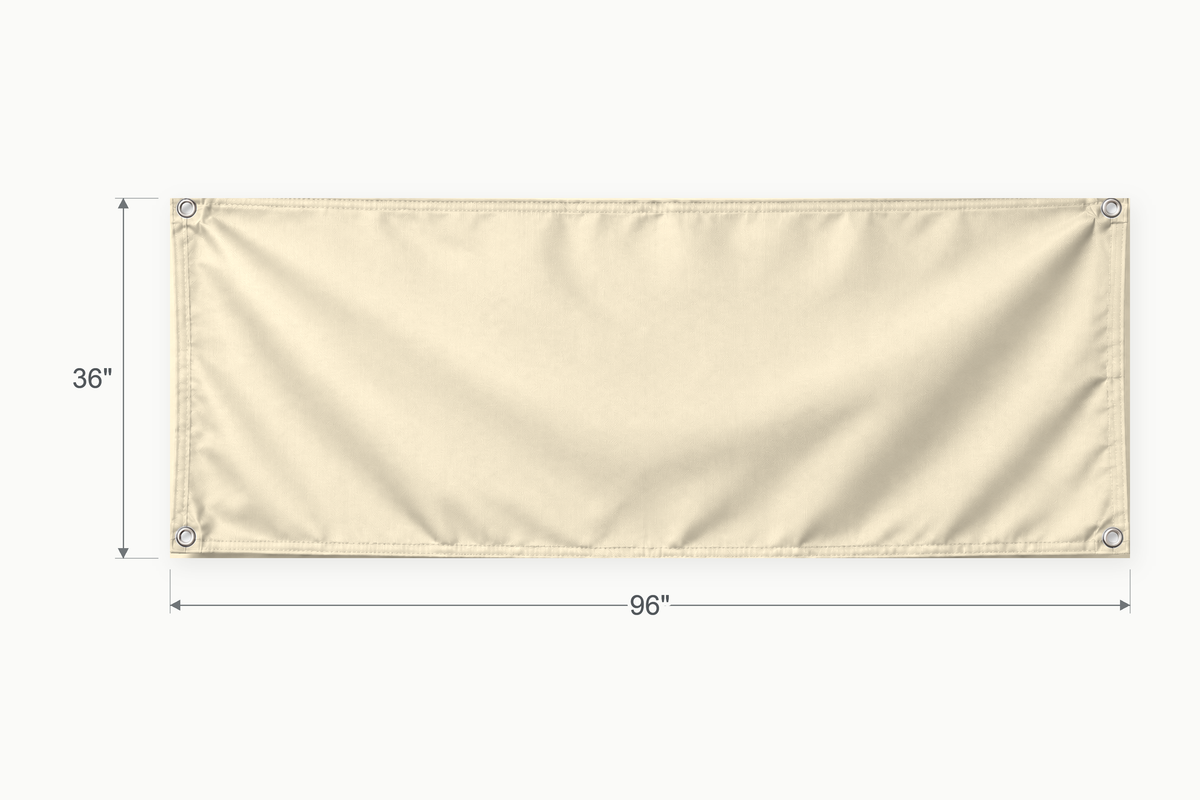 Cream fabric banner, 36 inches high by 96 inches wide, with labeled height and width measurement arrows.